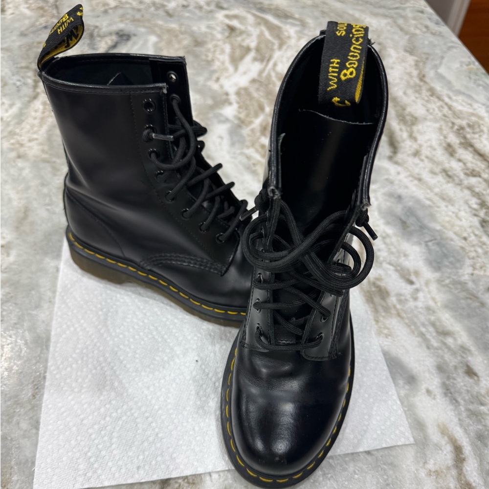 Dr. Martens Black Leather Combat Boots with Yellow Stitching